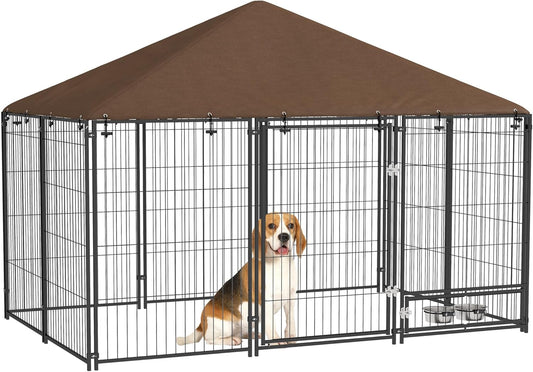 PawHut Outside Dog Kennel, 6.9' x 4.6' x 5' Puppy Play Pen with Canopy, Garden Playpen Fence Crate Enclosure Cage Rotating Bowl, for Dogs, Chickens, Ducks, Black