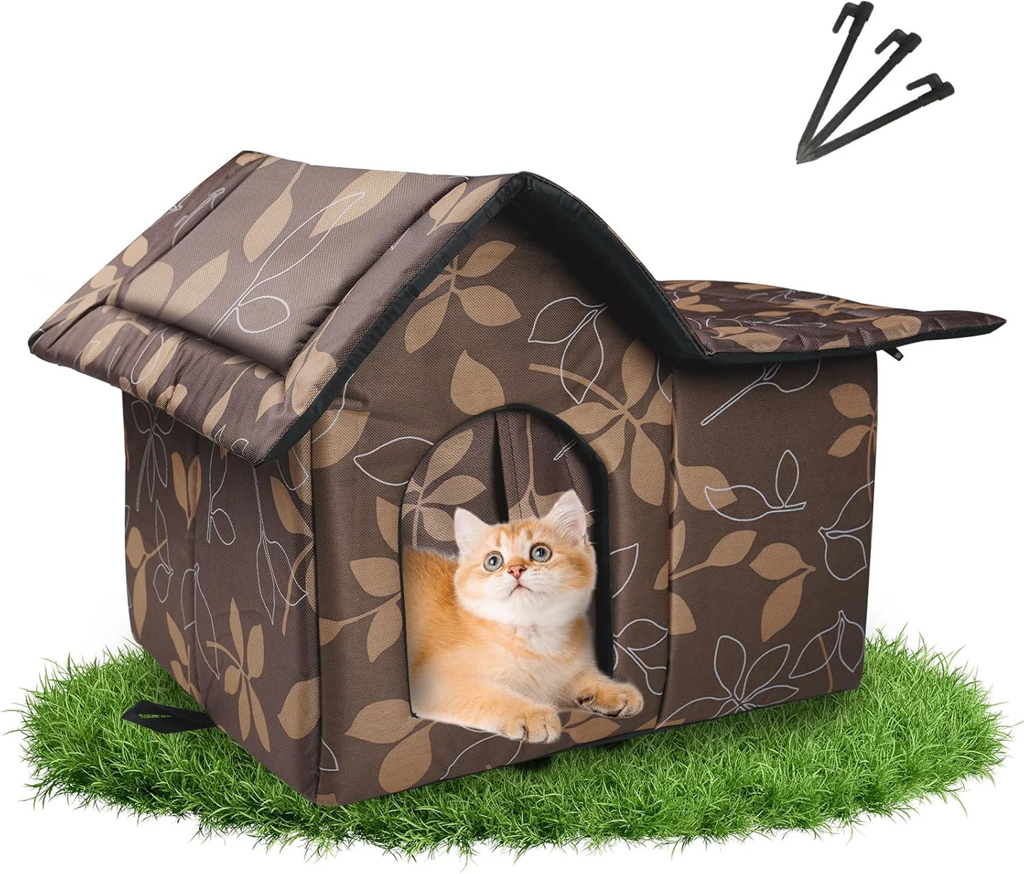 Cat House for Outdoor Cats, Outdoor Cat House Weatherproof for Stray Cat Shelter with Mat, Door and Edging Nails, Collapsible, Easy to Assemble (Brown)