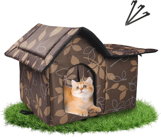 Cat House for Outdoor Cats, Outdoor Cat House Weatherproof for Stray Cat Shelter with Mat, Door and Edging Nails, Collapsible, Easy to Assemble (Brown)