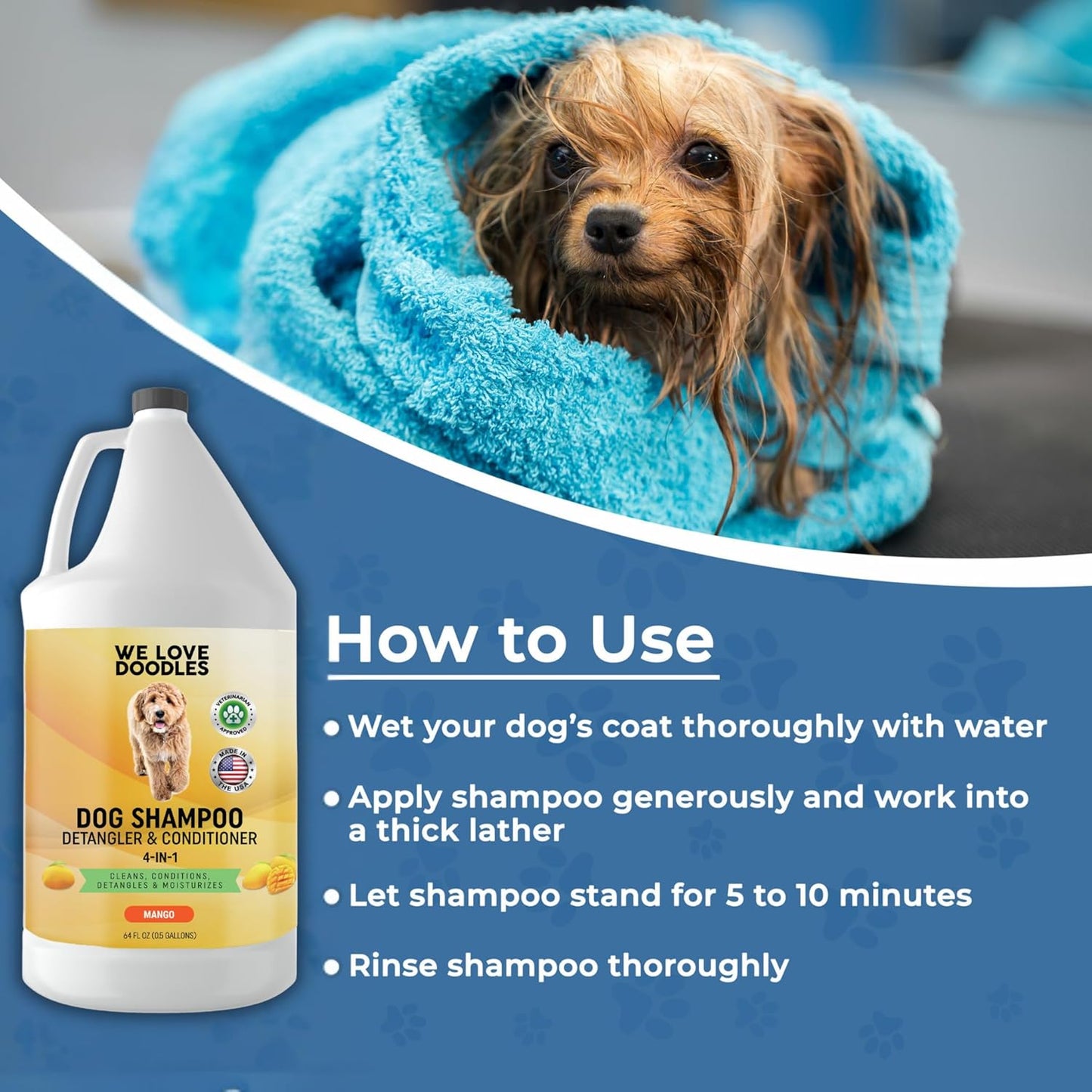 Dog Shampoo Half Gallon - Cleans, Conditions & Detangles, Goldendoodles, Poodles, & Doodle Shampoo - for Matted Pet Hair - Sensitive Skin Wash for Puppies - Made in The USA, 64OZ (Mango)