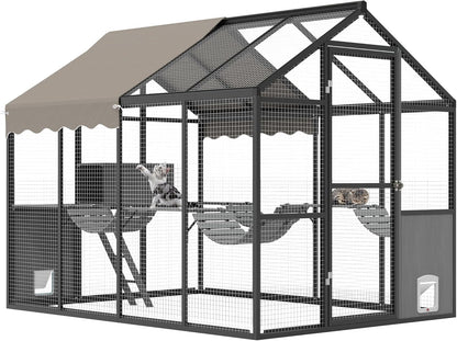 Aluminum Outdoor Cat Enclosure with Weatherproof Roof, Extra Large Catio with Channels, Side Door, UV Proof Cover, Huge Condo, Platform, Walk-in Large Outdoor Catio for Multiple Cats
