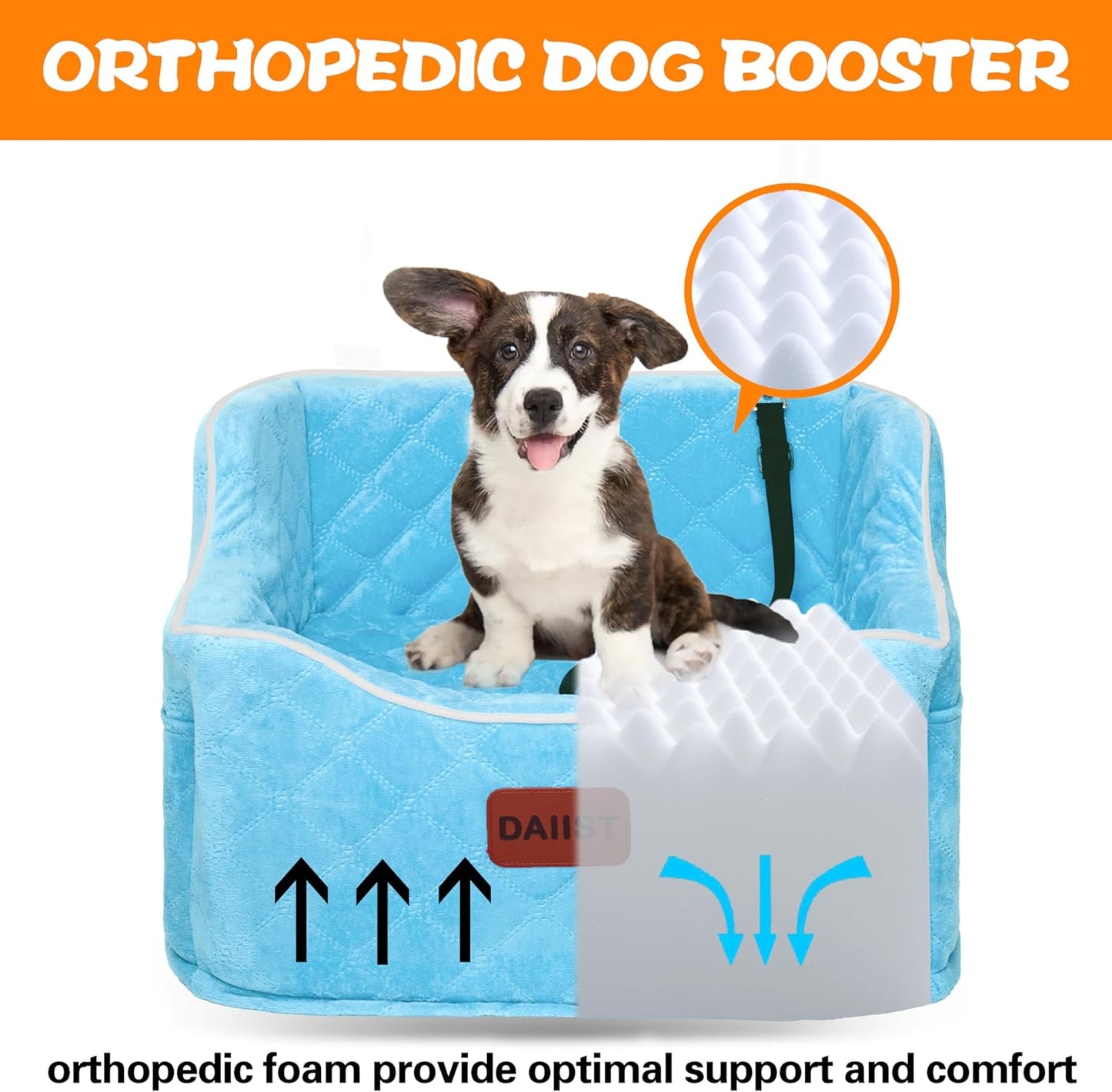 Dog Car Seat for Small Medium Dogs, Detachable Washable Dogs Booster Seat Under 35lbs, Elevated Dog Car Bed with Storage Pockets (Blue, One Size)