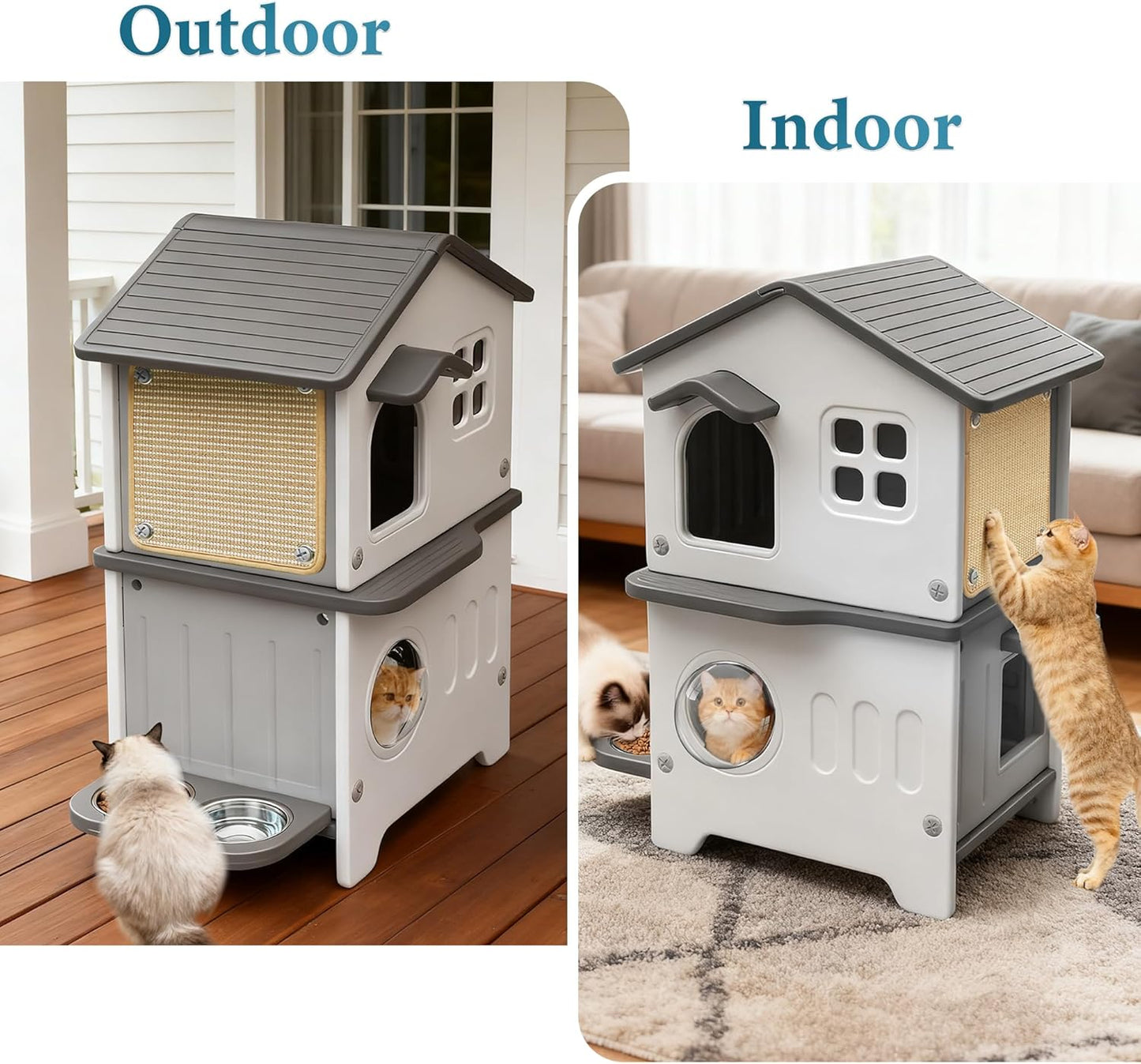 Cat House Outdoor Weatherpoof Plastic Cats Houses with Elevated Cat Bowls, Cat Scratch Pads and Escape Door, 2-Story Indoor Waterproof Feral/Pet Cat Shelter Outside for Multiple Cats, Grey