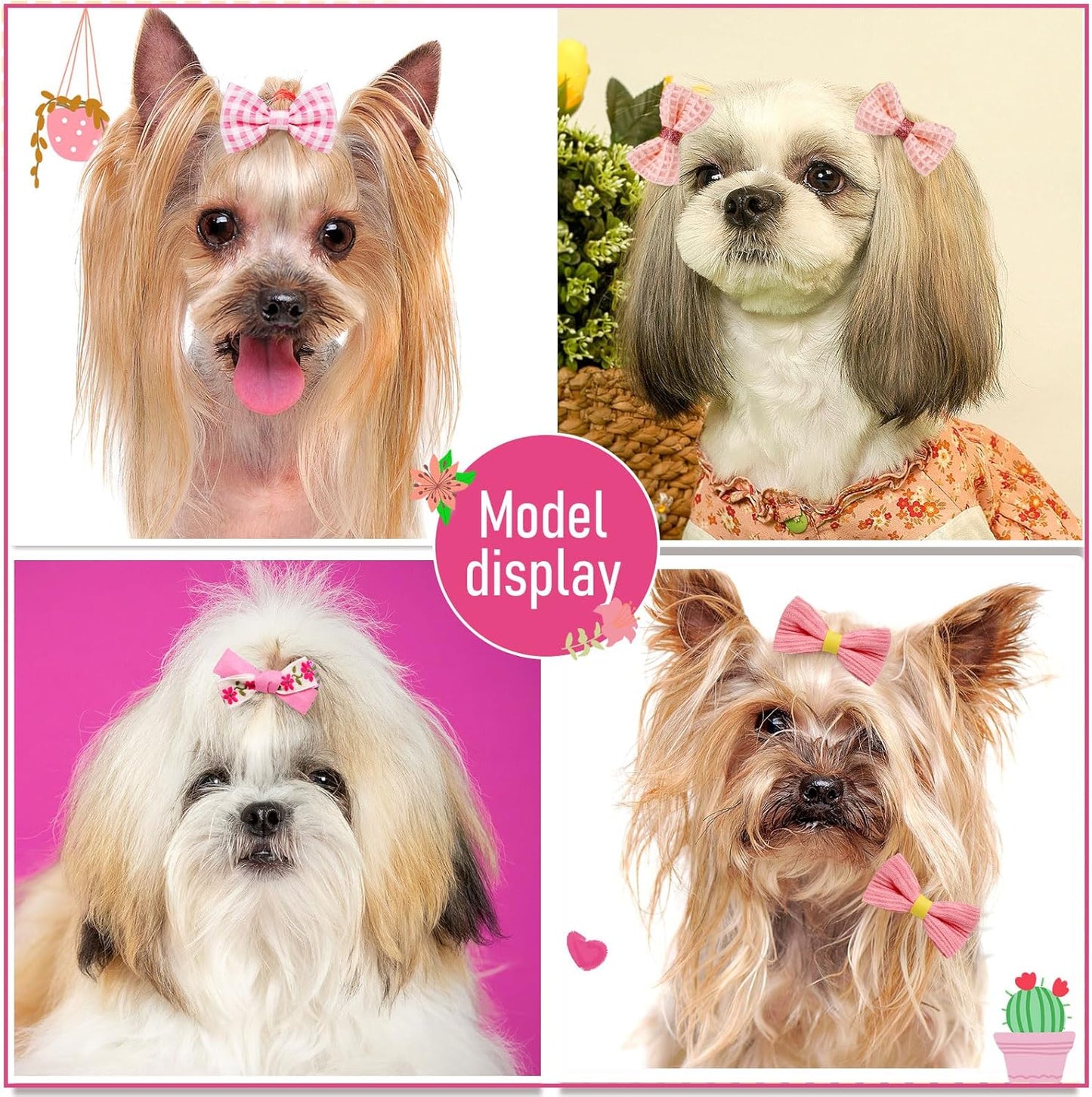 20pc Light Pink Small Dog Hair Bows with Rubber Bands, Flower Ball Bowknot Top Knot for Yorkie Hair Accessories