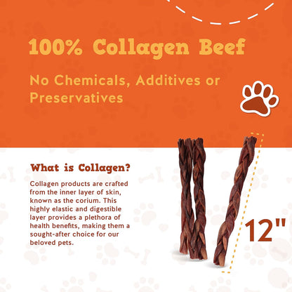 Jack&Pup 12" Braided Beef Collagen Sticks for Dogs - Rawhide Free Dog Chews Long Lasting Collagen Chews for Dogs - Bully Sticks Alternative (8 Pack)