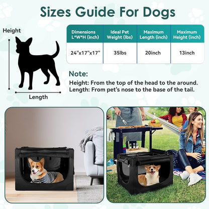 Soft Small Dog Crate - 24 inch Portable Travel Puppy Crate for Small Pets or 2 Cats, Collapsible Pet Carrier with 4 Mesh Doors, Car Kennel for Dogs with Handle for Indoor and Outdoor, Black