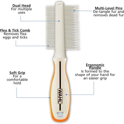 Wahl Premium Flea, Hair Pick, & Finishing Comb with Ergonomic Grips for Dog Grooming, Brushing, Detangling, and Flea Removal – Model 858503