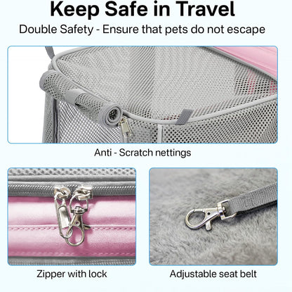 Expandable Cat Carrier, Airline Approved Soft Sided Pet Carrier for Cats & Small Dogs Up to 15 lbs, with Locking Safety Zippers & Cozy Fleece Pad, Portable for Car & Vet Visits, Pink