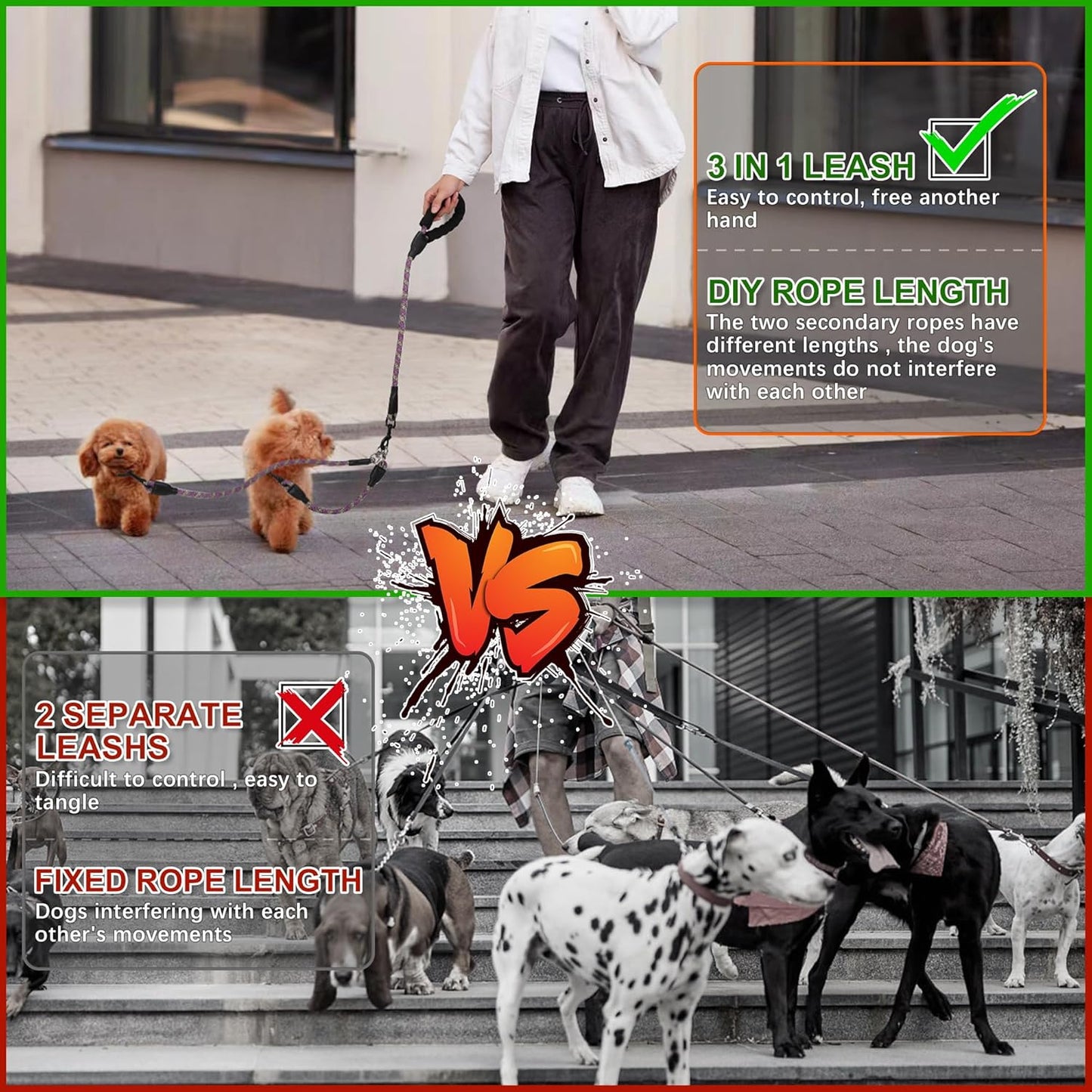 Double Dog Leash for Two Dogs - Detachable 360° Swivel, No Tangle Leash with Reflective Strips for Walking and Training Small Medium and Large Dogs, S/8-45ibs, Purple