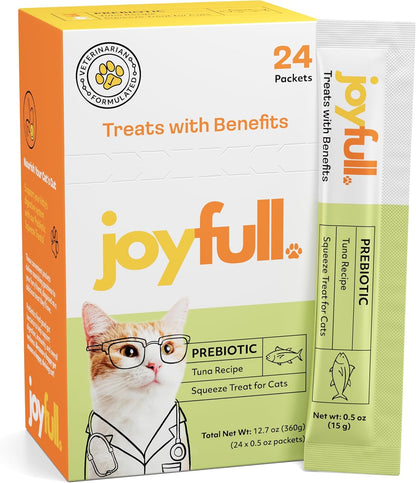 Joyfull Lickable Cat Treats with Prebiotics – Wild-Caught Tuna Squeeze Treats – Supports Digestive Health – 24 Tubes (0.5 oz Each)