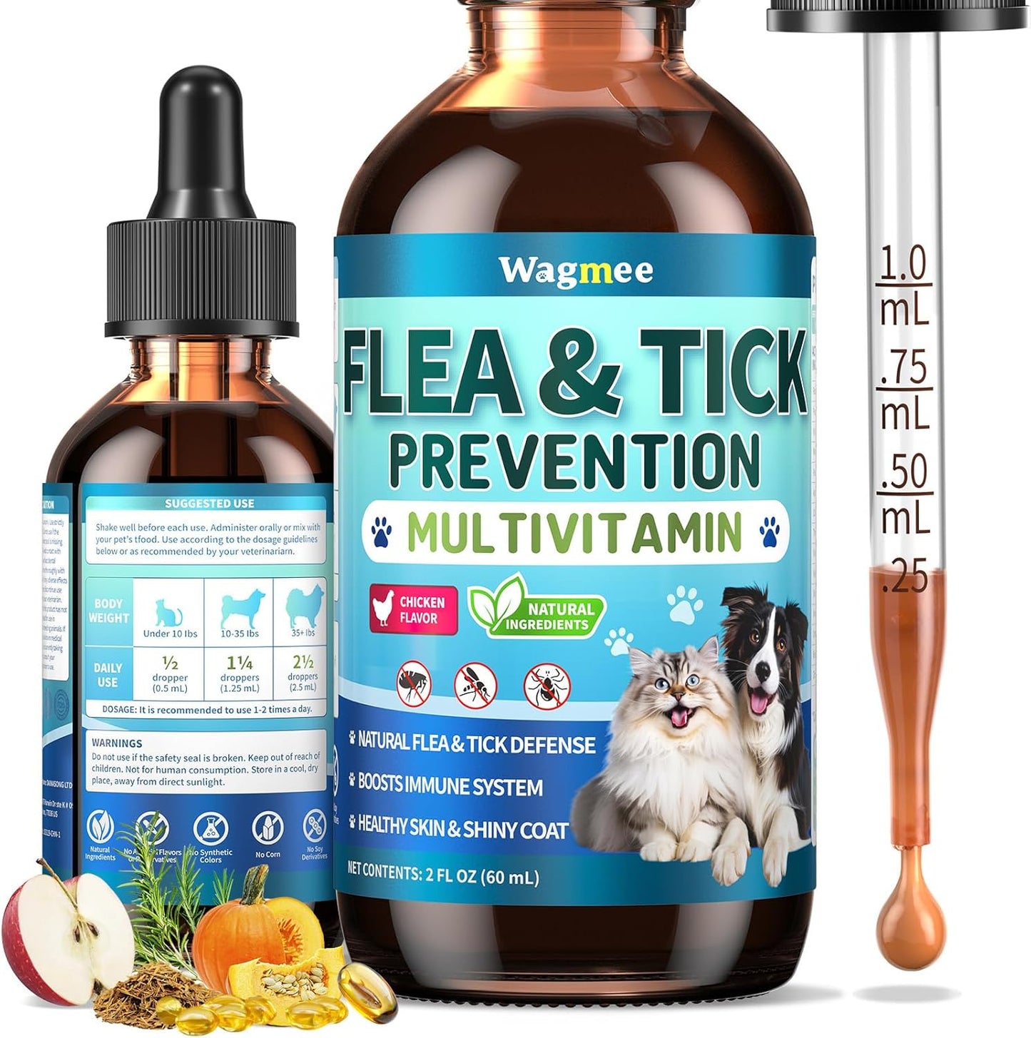 Oral Flea & Tick Support for Dogs and Cats, Natural Flea and Tick Prevention with Multivitamins - Flea Herbal Supplement Drops for Healthy Skin & Shiny Coat Support - All Breeds and Ages - Chicken