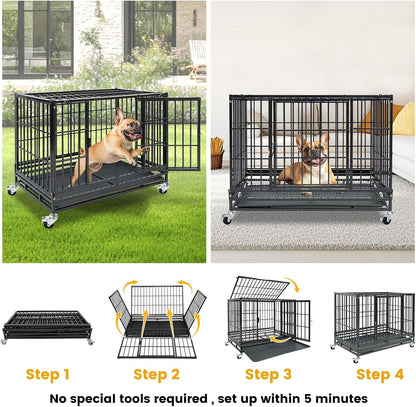 Stackable 36 Inch Dog Crate for Medium/Small Dogs, Heavy Duty Indestructible Dog Cage with Top Access & Lockable Wheels, Escape Proof Dog Kennel Indoor with Auto-Lock, Metal Grids & Leak-Proof Tray