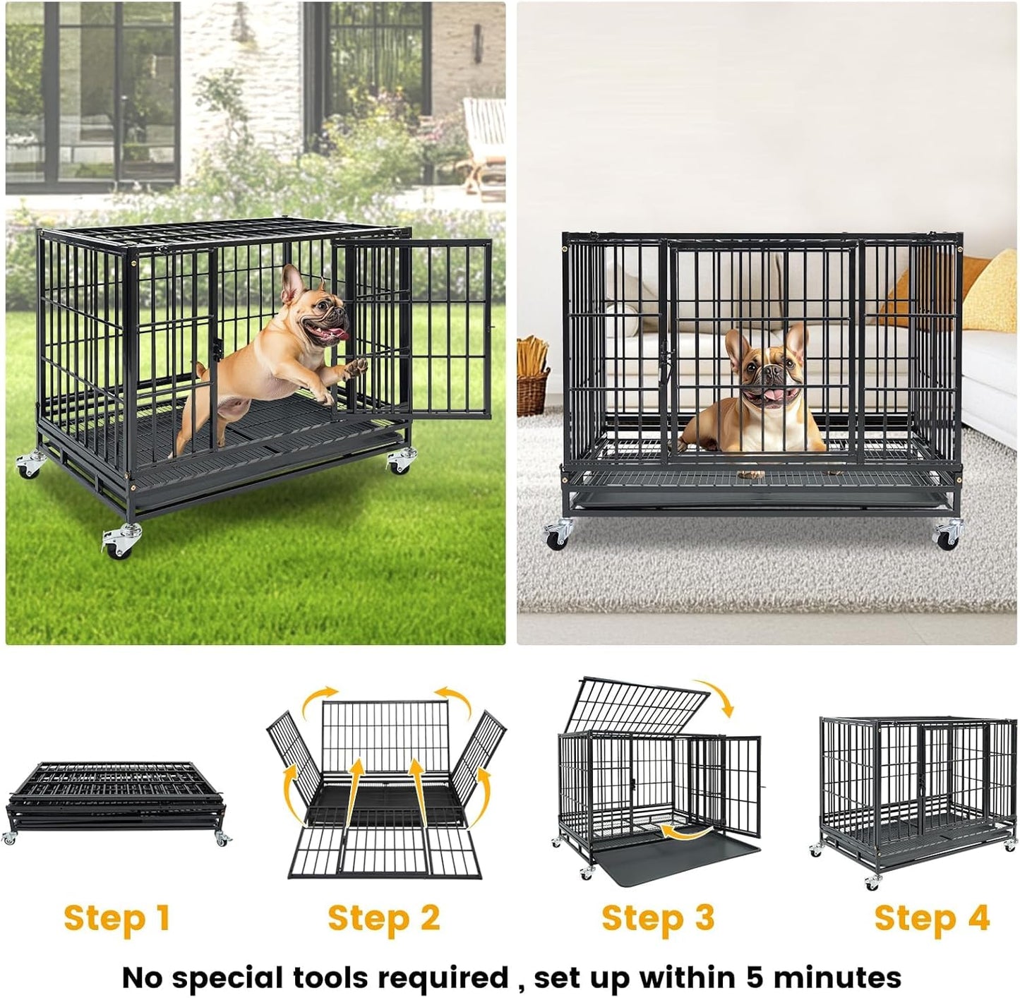 Stackable 36 Inch Dog Crate for Medium/Small Dogs, Heavy Duty Indestructible Dog Cage with Top Access & Lockable Wheels, Escape Proof Dog Kennel Indoor with Auto-Lock, Metal Grids & Leak-Proof Tray