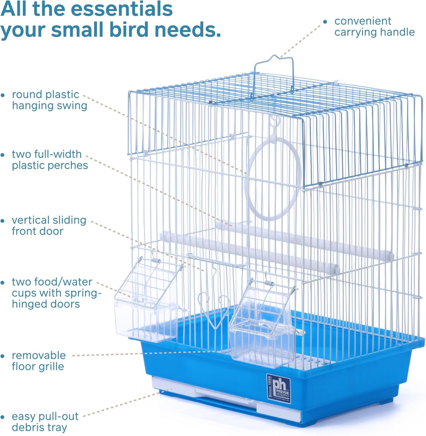 Prevue Pet Products Flat Top Economy Parakeet and Small Bird Cage with White Wire, Blue Plastic Base with Removable Tray