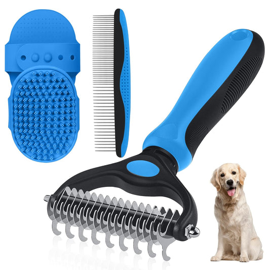 Double-Sided Pet Grooming Rake - 4-in-1 Professional Pet Grooming Kit, Deshedding Dematting Tool for Dogs, Cats, Extra-Wide Grooming Brush & Deshedder Comb for Long and Short Haired Pets (4PCS Blue)