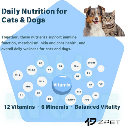ZPET Multivitamin & Mineral Soft Chews for Cats & Dogs – 12 Vitamins, 6 Minerals with Lysine & Taurine – Daily Immune, Skin, Bone & Digestive Support – Grain-Free Pet Supplement, 150g