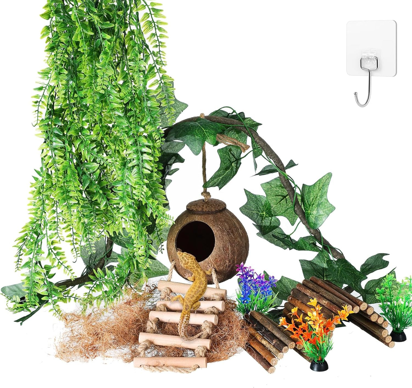 HERCOCCI Crested Gecko Tank Accessories, Reptile Hanging Plants Vines with Coconut Shell Ladder Hideout Hermit Crab Decor for Lizard, Chameleon Cage, Snakes, Hermit Crab, Leopard Gecko
