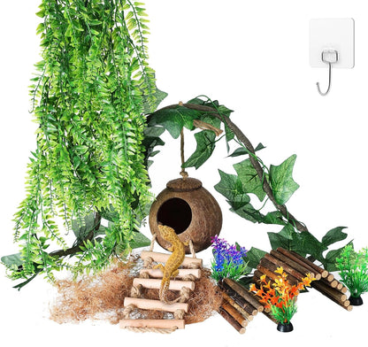 HERCOCCI Crested Gecko Tank Accessories, Reptile Hanging Plants Vines with Coconut Shell Ladder Hideout Hermit Crab Decor for Lizard, Chameleon Cage, Snakes, Hermit Crab, Leopard Gecko
