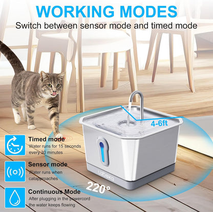 Stainless Steel Cat Water Fountain 135oz/4L:Battery Operated Wireless Cat Fountains for Drinking Indoor, Automatic Pet Water Dispenser with Ultra Quiet Pump,Multi-Filtration