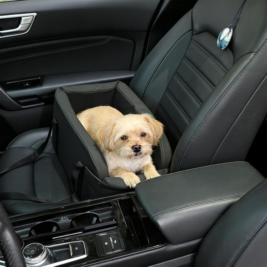 Center Console Dog Car Seat, Small Dog Car Seat, Waterproof Pet Bed with Safety Leash, Anti-Collapse Pet CarSeat with Soft Cushion, Easy Wipe Clean for Puppies Under 11 lbs (Black)