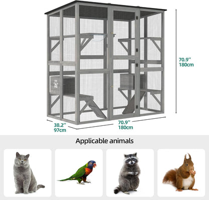 YITAHOME Catio Outdoor Cat Enclosure Large, Tall Wooden Cat House with Weatherproof Asphalt Roof, Cat Cage Playpen with Multiple Platforms & 2 Resting Boxes, 70.9" L x 38.2" W x 70.9" H