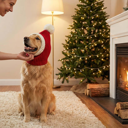 Christmas Dog Hat Costume for Large Medium Dog Warm Winter Dog Hat Neck Ear Warmer Headband Protector for Golden Retriever Labrador(Large, Red)