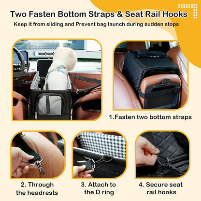 Console Dog Car Seat for Small Dogs Cats Up to 15lbs, Anti-Collapse Pet Armrest Booster Seat with Soft Pillow,Non-Slip Seat Rails Hooks & Safety Belt, Portable Car Accessories for Pets Travel