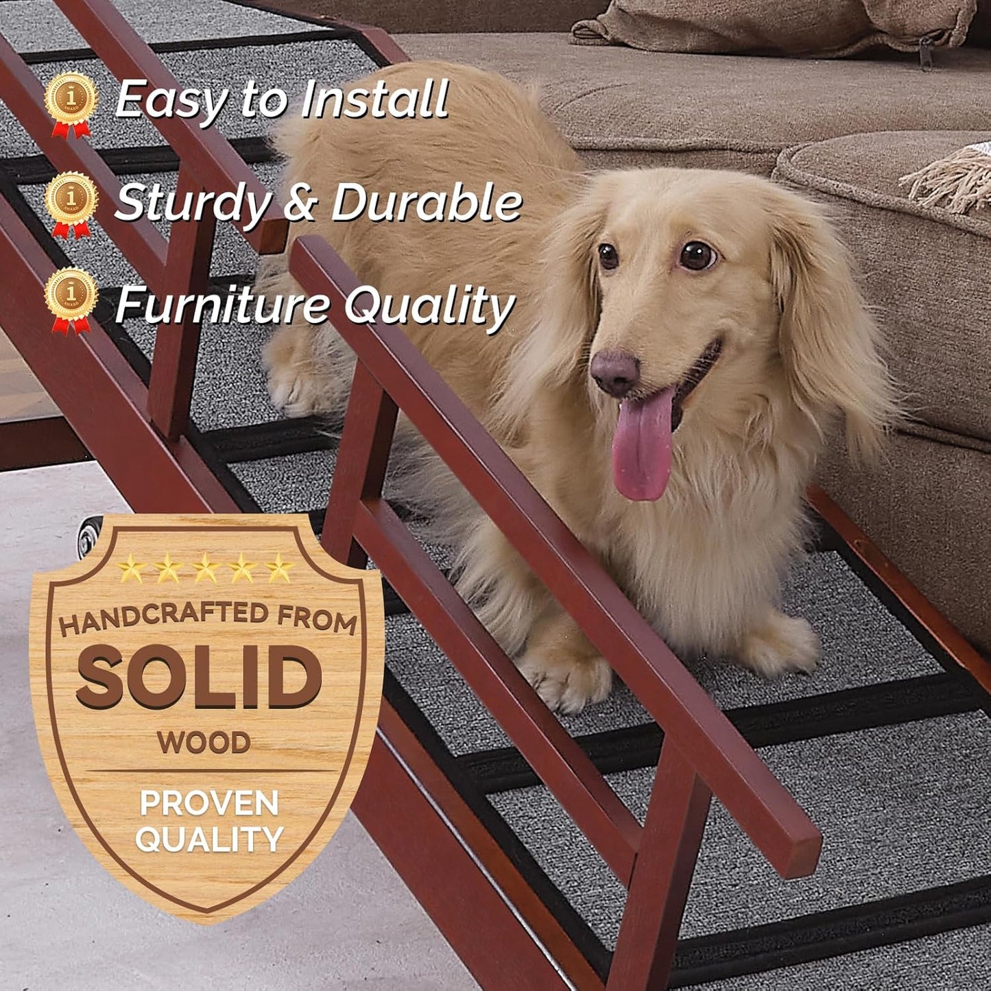 Dog Ramp for Bed or Couch, Wooden Pet Ramp with 20° Gentle Slope, Removable Side Rails, Non-Slip Surface, Top Platform & Wheels, Safe Bed Ramp for Small, Medium & Senior Dogs, 60" Long, Mahogany
