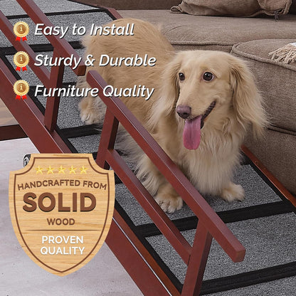 Dog Ramp for Bed or Couch, Wooden Pet Ramp with 20° Gentle Slope, Removable Side Rails, Non-Slip Surface, Top Platform & Wheels, Safe Bed Ramp for Small, Medium & Senior Dogs, 60" Long, Mahogany