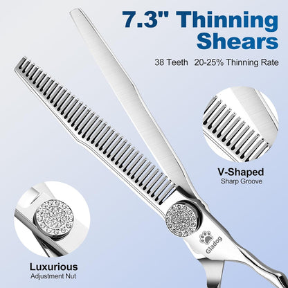 GLADOG Luxury Dog Grooming Scissors Set - 7" Straight, 6.5" Thinning, 7" Curved Dog Shears for Grooming - 9CR Steel, Professional Grooming Kit for Dogs