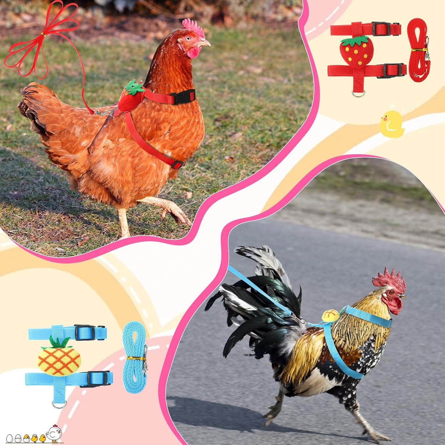 6 Pcs Adjustable Chicken Harness with Leash Cute Pattern Adjustable Walking Rope Outdoor Traction Rope for 2.5–3.6 Lb Chicken Goose Hen Duck Rabbit Small Animals