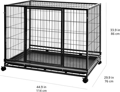 Amazon Basics - Portable Heavy Duty Stackable Dog Pet Kennel on Wheels with Tray, Black, 43.5" L x 29.8" W x 34.3" H