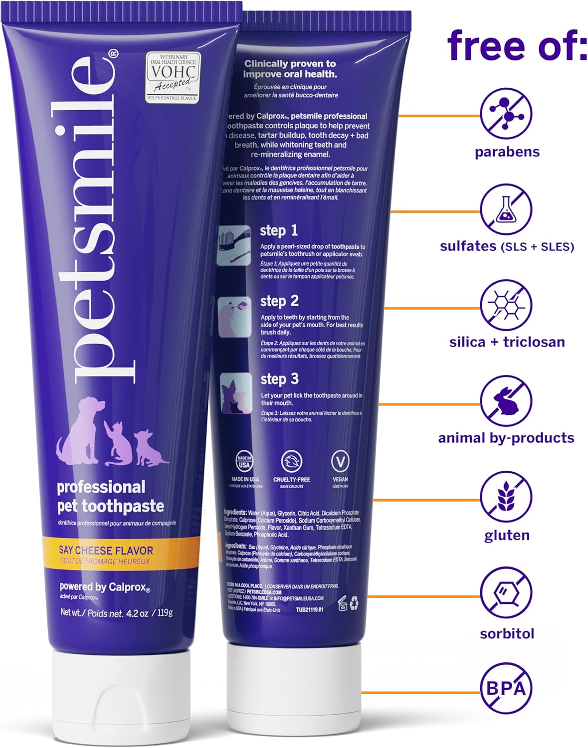 Petsmile Professional Pet Teeth Brushing Kit for Cats & Dogs - Only VOHC Accepted Toothpaste & Patented Toothbrush - Proven to Control Plaque & Tartar Calprox Formula (Say Cheese, 4.2 Oz)