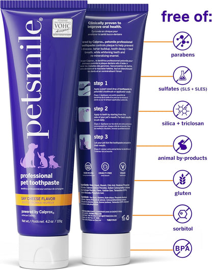 Petsmile Professional Pet Teeth Brushing Kit for Cats & Dogs - Only VOHC Accepted Toothpaste & Patented Toothbrush - Proven to Control Plaque & Tartar Calprox Formula (Say Cheese, 4.2 Oz)