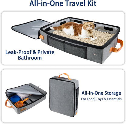 MORAIS Portable Travel Litter Box for Cats, 17.7"×13.5"×11" Collapsible Cat Litter Box with Lid, Leak-Proof Cat Litter Pan for Car Hotel Airplane, Waterproof & Easy to Carry- Gray