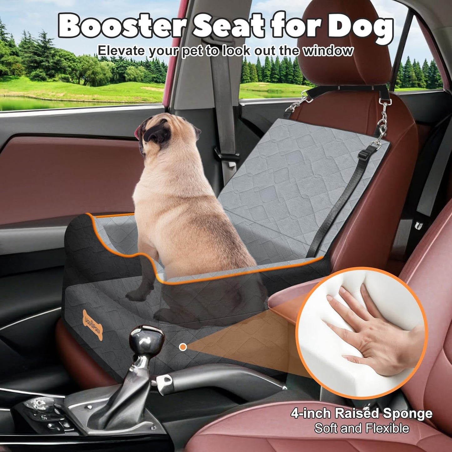 Small Dog Car Seat, Waterproof Dog Booster Seat with Thick Cushion & Safety Leash, Removable Car Back Seat Bed for 1 Small Dogs Under 25lbs, Pet Car Seat for Travel, Black/Gray