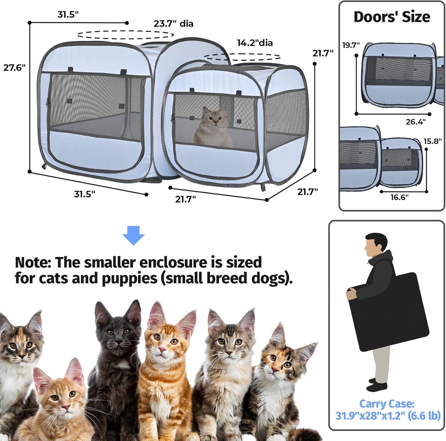 EighteenTek 2-in-1 Portable Cat Playpen, Pop up Large Kitten Playpen, No Assembly Need, Pet Cat Dog Tent Crates Kennel Cage, Cats Enclosure for Dog and Puppy Indoor Outdoor(No Divider, Unified Space)