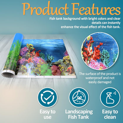 2 Pack 32 x 16 inches Aquarium Backgrounds, Double-Sided Fish Tank Wallpaper, 3D Cora Water Plants Terrarium Background with Adhesive Tape, Ocean Theme Fish Tank Backdrop (2 Pcs)