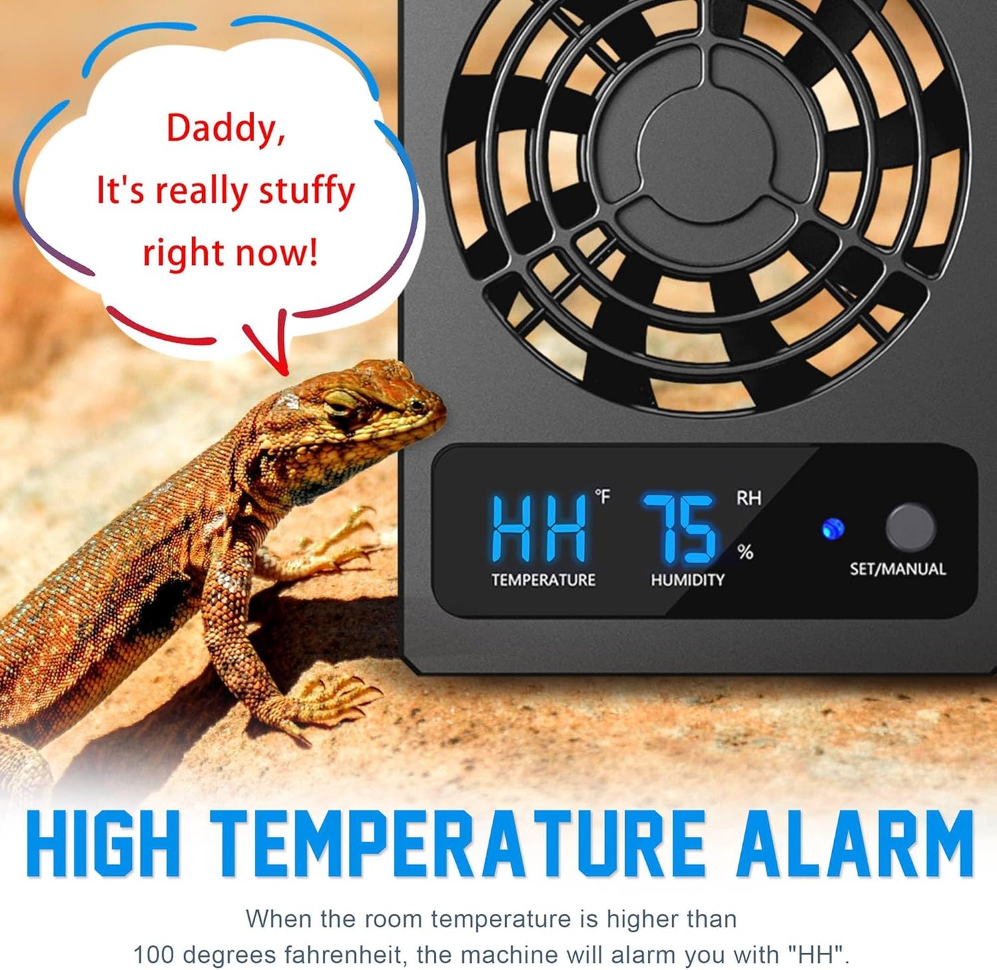 Reptile Ventilation Fan with Humidity Sensor and High-Temp Alarm, Fan Dehumidifier for Reptile Enclosure and Terrarium, Suitable for Humid Environments, Rainforest and Ecological Tanks