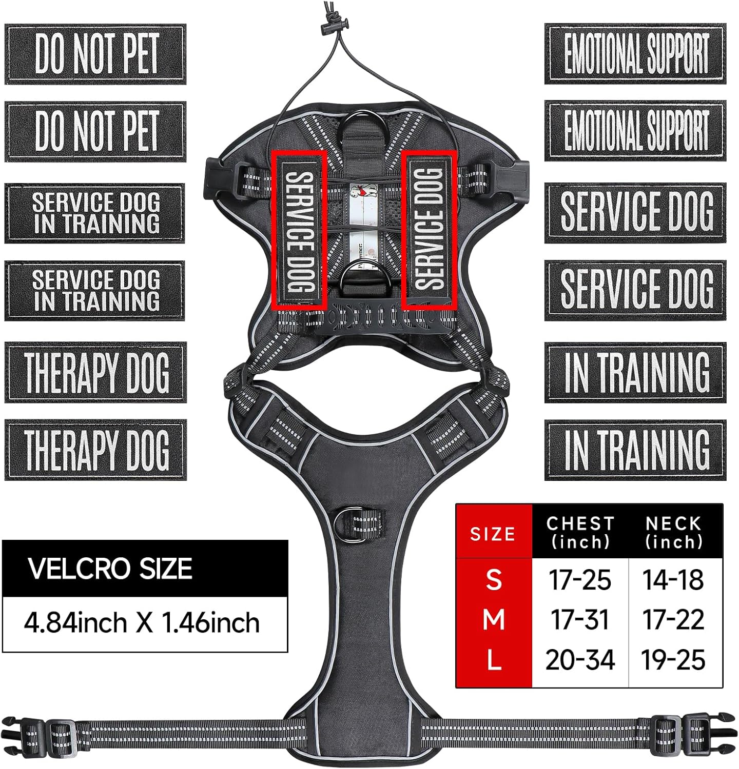 Service Dog Tactical Vest Harness and Leash Set Medium Sized Dog Emotional Support- Tactical Dog Harness Training Collar with Name (Black, M)