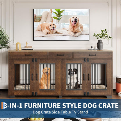 Modern Double Dog Crate Furniture – 71" Indoor Kennel with Divider & 3 Storage Drawers, Heavy Duty Pet Bed & Multi-Functional TV Stand End Table for Medium to Large Breeds – Color: Vieira oak veneer +
