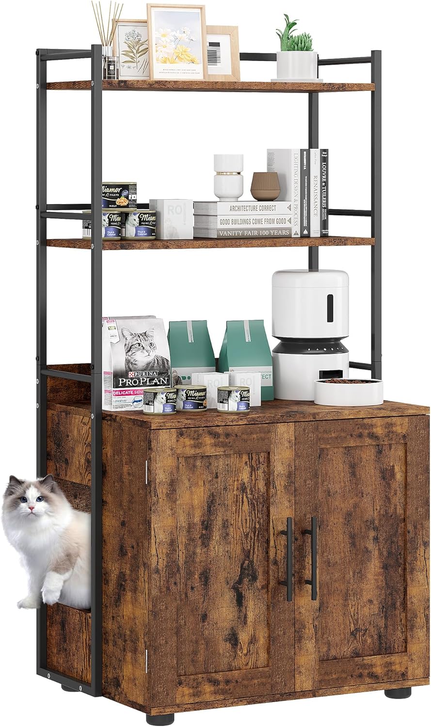 Cat Litter Box Enclosure with 2-Tier Storage Shelves and Doors, Hidden Cat Washroom Furniture with 2 Doors and Ventilation Holes, Indoor Large Cats House Cabinet Bookshelf for Most Litter Box - Brown