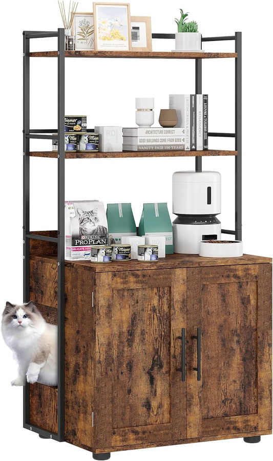 Cat Litter Box Enclosure with 2-Tier Storage Shelves and Doors, Hidden Cat Washroom Furniture with 2 Doors and Ventilation Holes, Indoor Large Cats House Cabinet Bookshelf for Most Litter Box - Brown