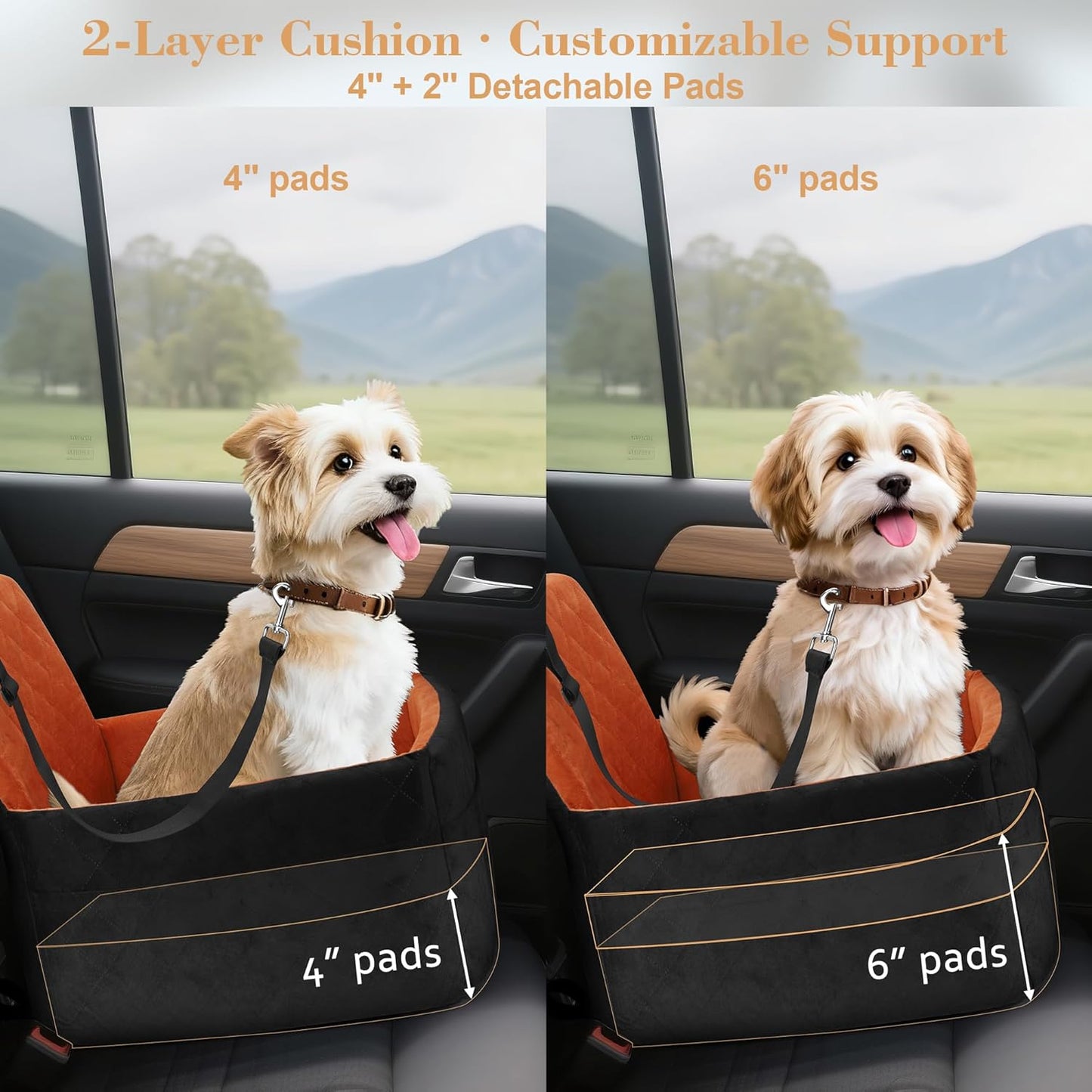 Dog Car Seat for Small/Medium Dogs,Pet Dog Booster Car Seat Puppy 15-35 lbs with Soft 4+2in Detachable Pads Detachable Elevated Cushion and Washable Cover Brown