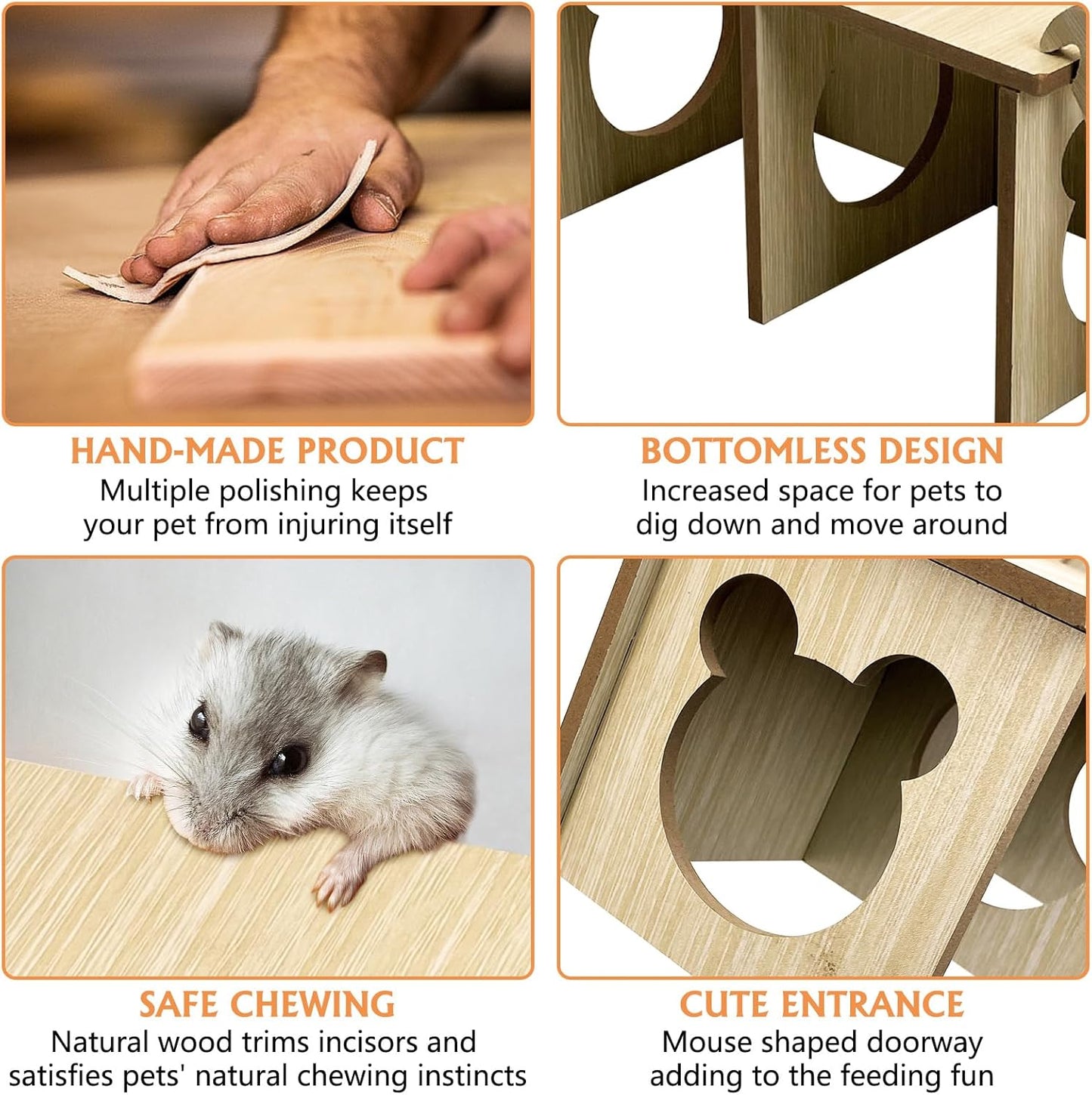 2 Pcs Hamster Food Bowl (2.7" D*1.3" H) &Wooden Small Animal Hideout (8" L*4" W*4" H)