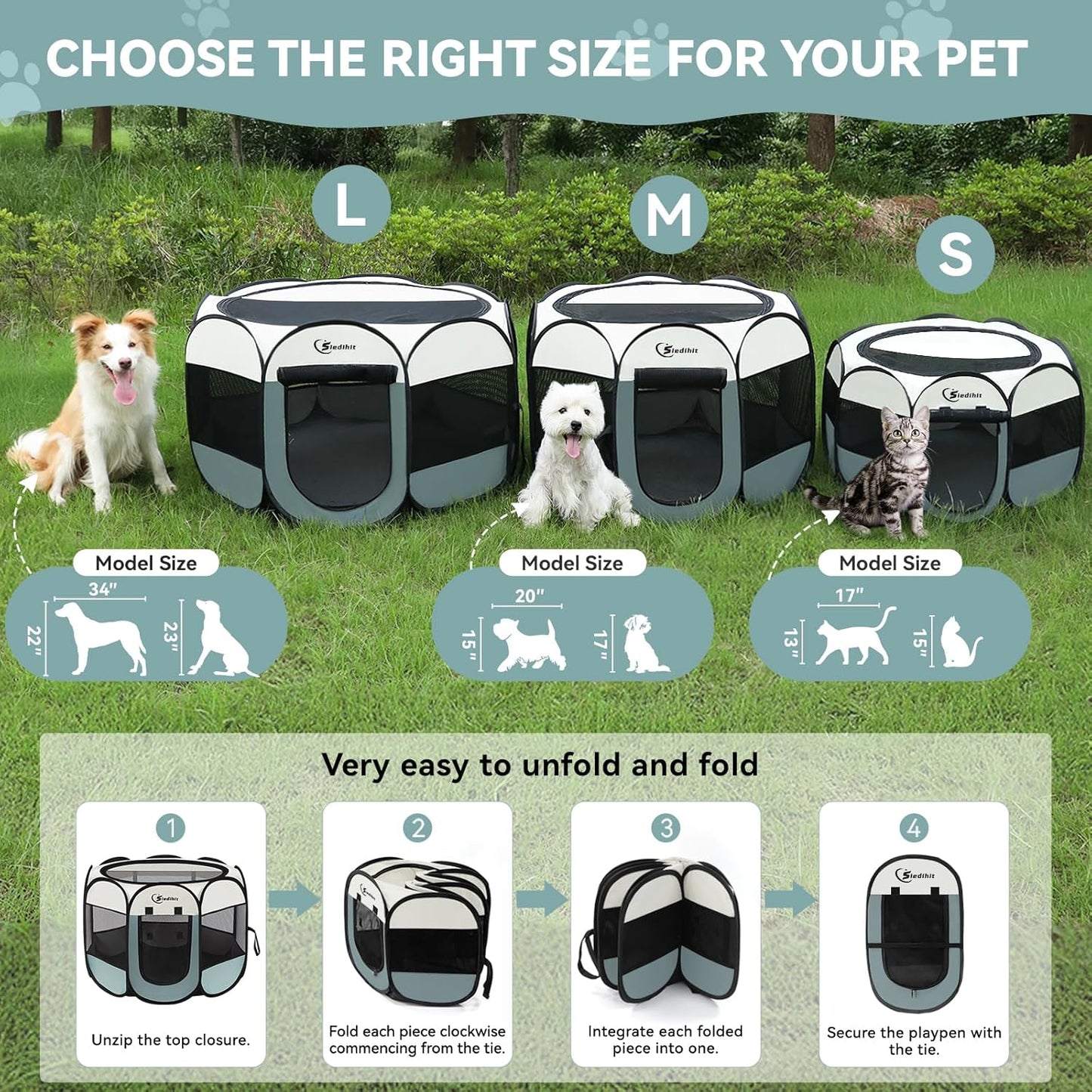 Dog Playpen with Washable Pee Pad, Puppy Pet Cat Playpen Small Dogs Tent Crate Indoor/Outdoor, Portable Pop Up Kennel with Carrying Case for Cats/Rabbits(Grey,Small with pad)