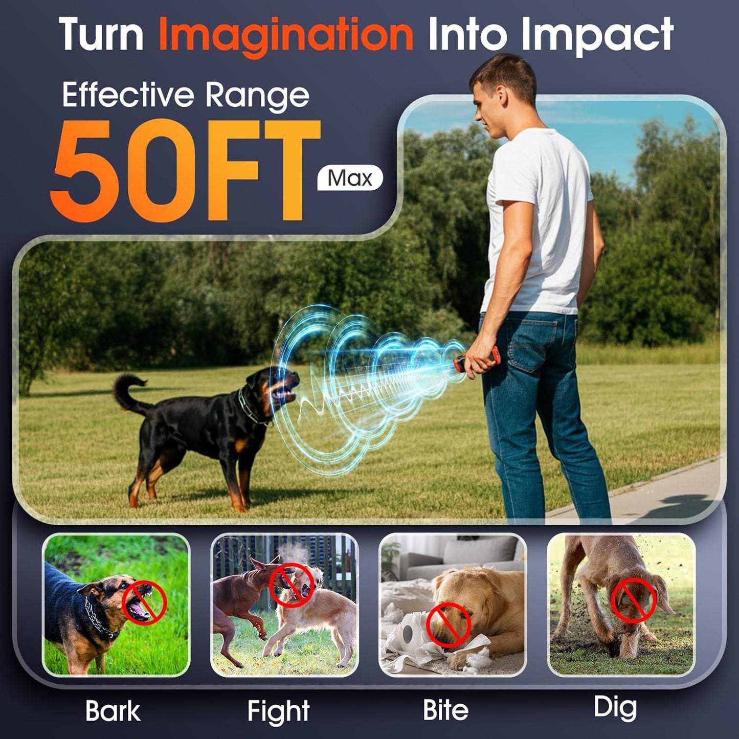 1-Touch Dog Bark Deterrent Devices with 3 Sonic Heads,Portable 50ft Range Anti Barking Device for Dogs,Rechargeable & Safe Dog Training Tool with Flashlight,Helps Improve Dog's Behavior Orange