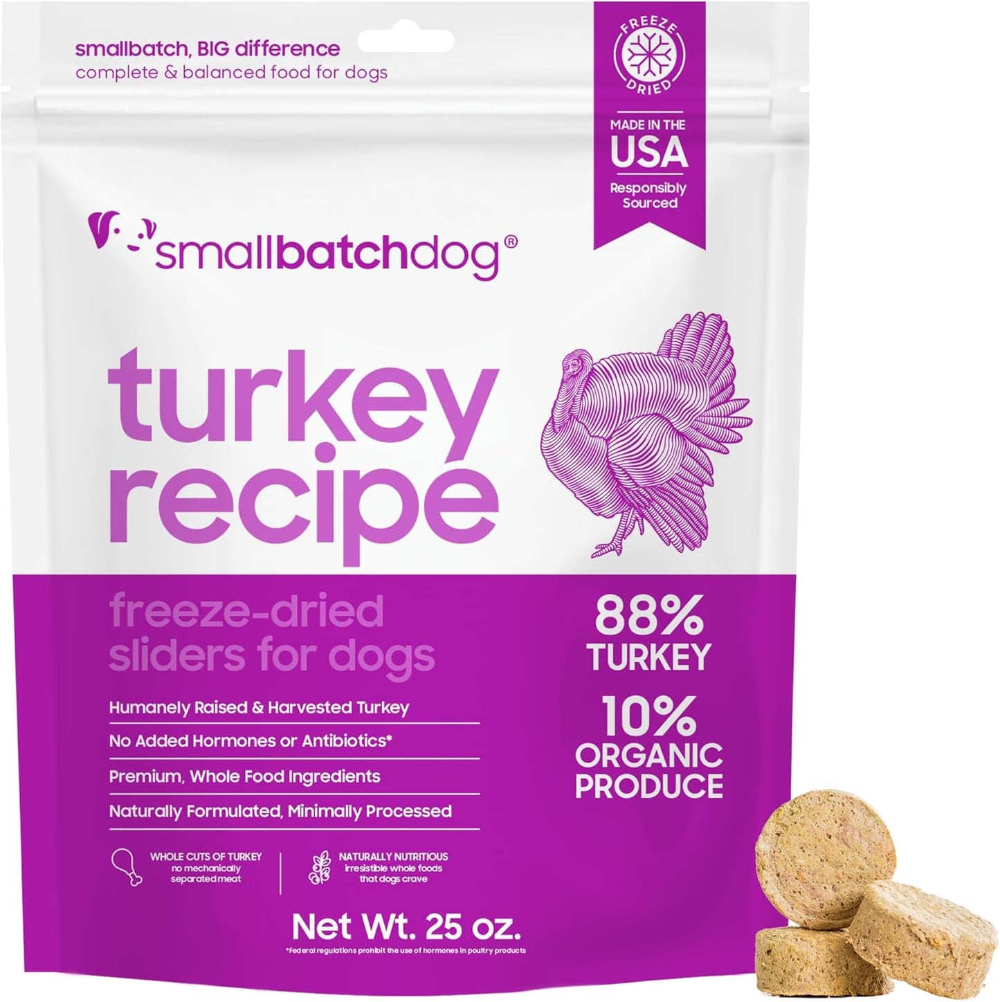 smallbatch Pets Freeze Dried Raw Dog Food, Turkey Recipe, 25 oz, Organic High Protein Dog Food, Grain Free, Made in The USA, Humanely Raised Meat, Single Protein, for Picky Eaters, Hydrate & Serve
