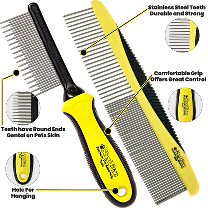 Metal Dog Comb for Matted Hair & Detangler Combs Set - Remove Tangles & Matted Fur - Easy Safe Cat & Dog Combs for Grooming Doodles