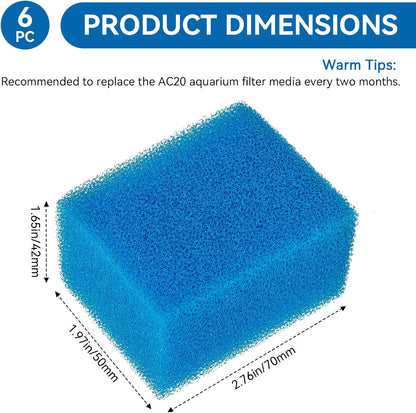 Bio-Foam for AC20 Power Filter, Replacement Aquarium Sponge Filter Media Foam Construction for Use in Freshwater & Saltwater Aquariums, 30PPI Filter Sponge Pads (6 PCS)